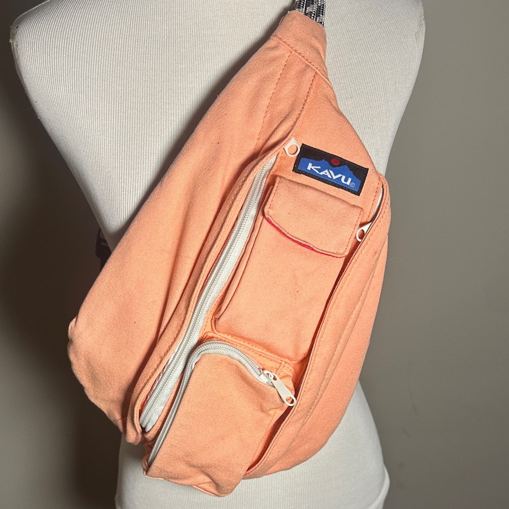 KAVU Coral bright peach pink cotton 3 rope Sling Backpack